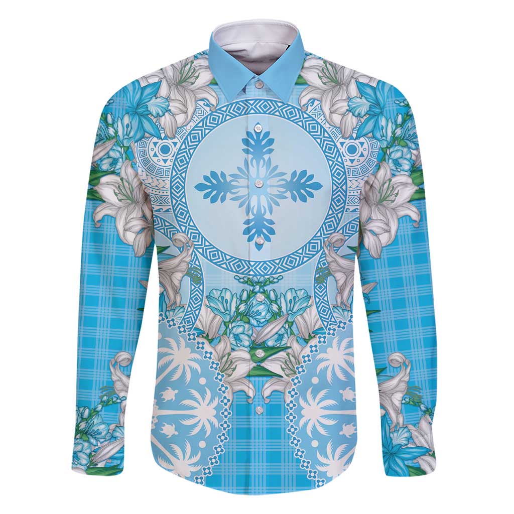 Hawaii Cyan Palaka Family Matching Tank Maxi Dress and Hawaiian Shirt With Tapa Pattern Tropical Flowers - Polynesian Pride