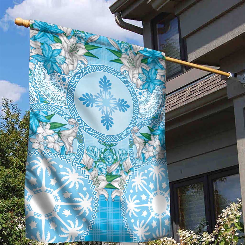 Hawaii Cyan Palaka Garden Flag With Tapa Pattern Tropical Flowers - Polynesian Pride