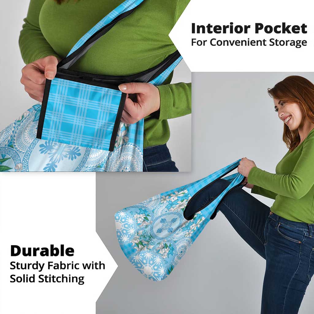 Hawaii Cyan Palaka Grocery Bag With Tapa Pattern Tropical Flowers - Polynesian Pride