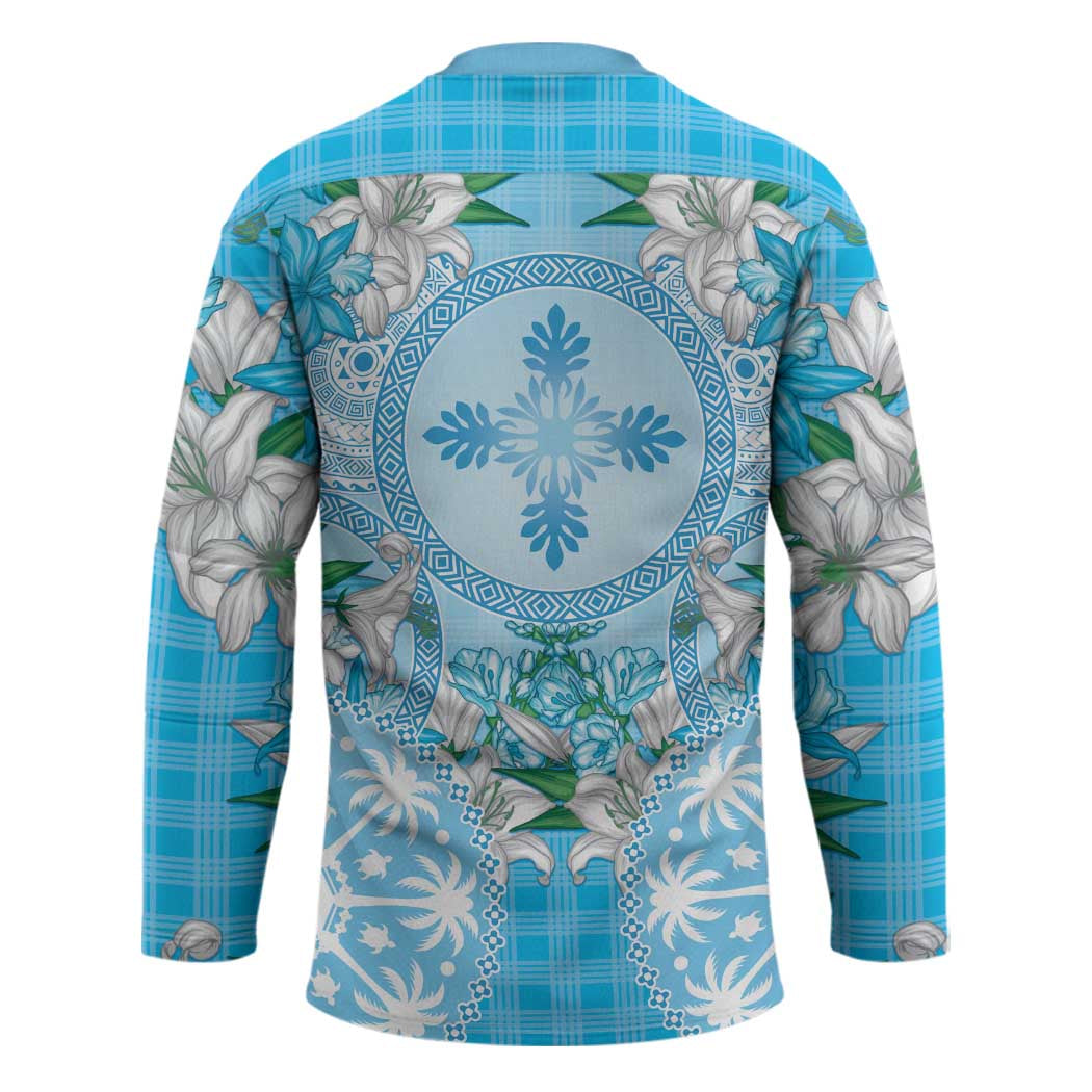 Hawaii Cyan Palaka Hockey Jersey With Tapa Pattern Tropical Flowers - Polynesian Pride
