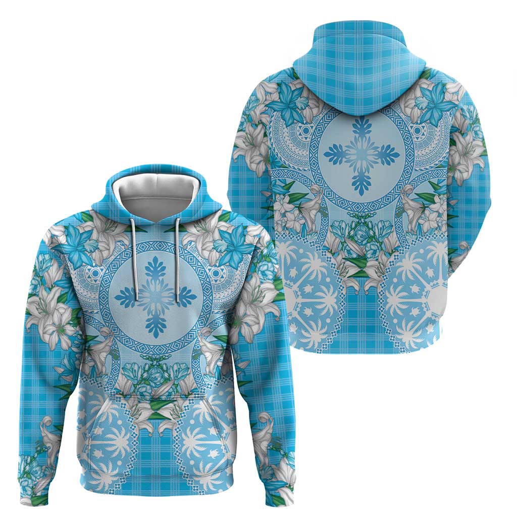 Hawaii Cyan Palaka Hoodie With Tapa Pattern Tropical Flowers - Polynesian Pride