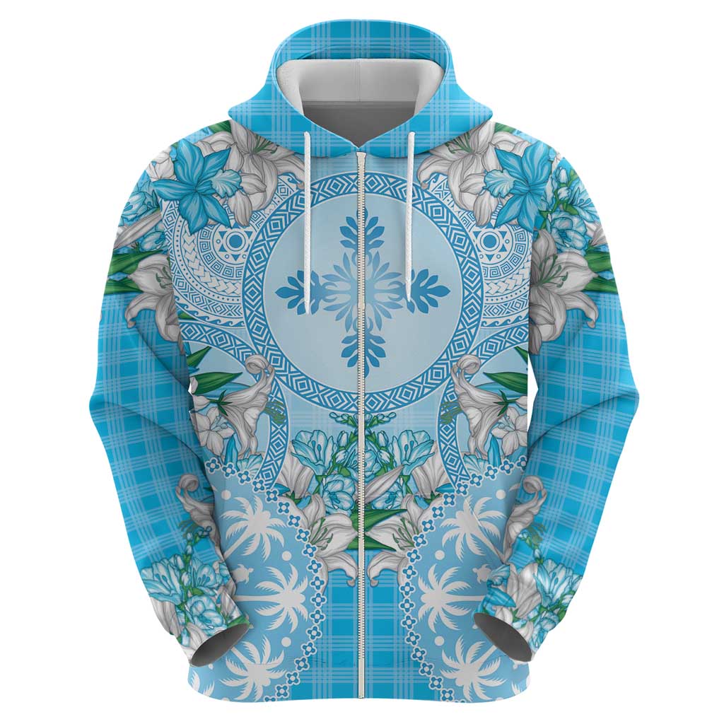 Hawaii Cyan Palaka Hoodie With Tapa Pattern Tropical Flowers - Polynesian Pride