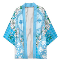 Hawaii Cyan Palaka Kimono With Tapa Pattern Tropical Flowers - Polynesian Pride