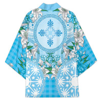 Hawaii Cyan Palaka Kimono With Tapa Pattern Tropical Flowers - Polynesian Pride
