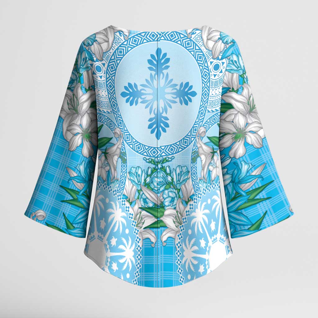 Hawaii Cyan Palaka Kimono Sleeve Blouse With Tapa Pattern Tropical Flowers - Polynesian Pride