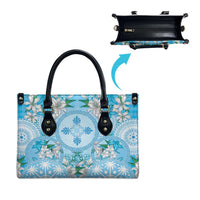 Hawaii Cyan Palaka Leather Bag With Tapa Pattern Tropical Flowers - Polynesian Pride