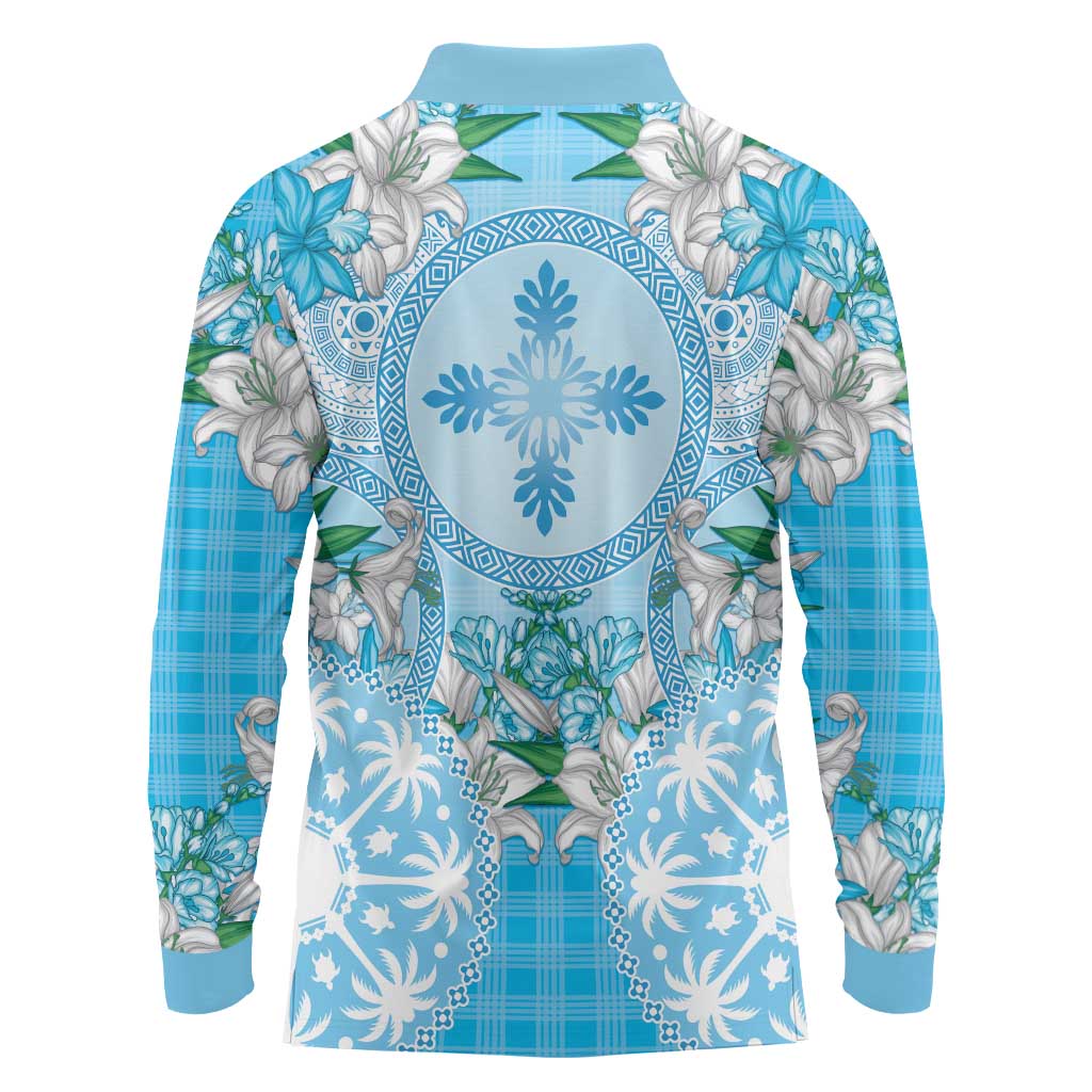 Hawaii Cyan Palaka Long Sleeve Polo Shirt With Tapa Pattern Tropical Flowers - Polynesian Pride