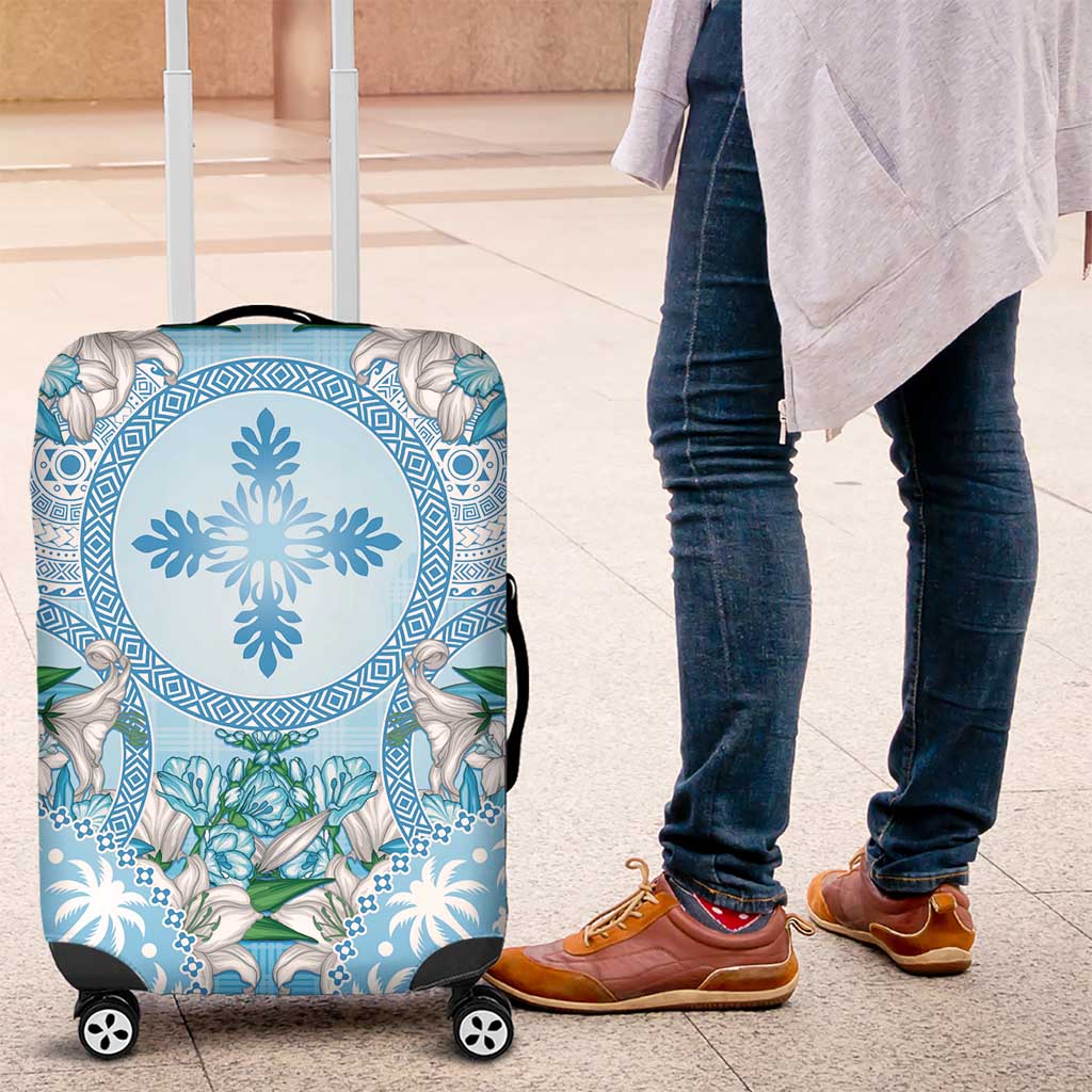 Hawaii Cyan Palaka Luggage Cover With Tapa Pattern Tropical Flowers - Polynesian Pride