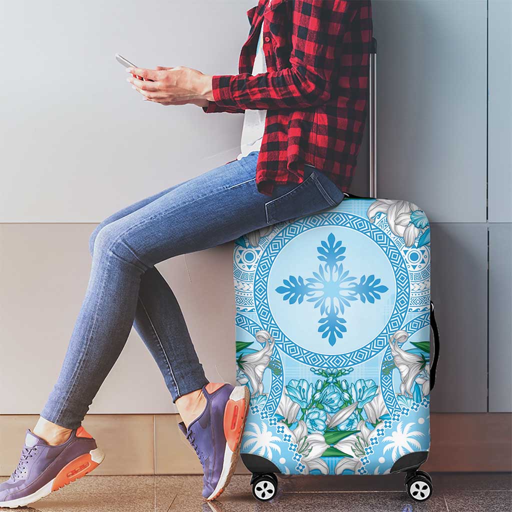 Hawaii Cyan Palaka Luggage Cover With Tapa Pattern Tropical Flowers - Polynesian Pride