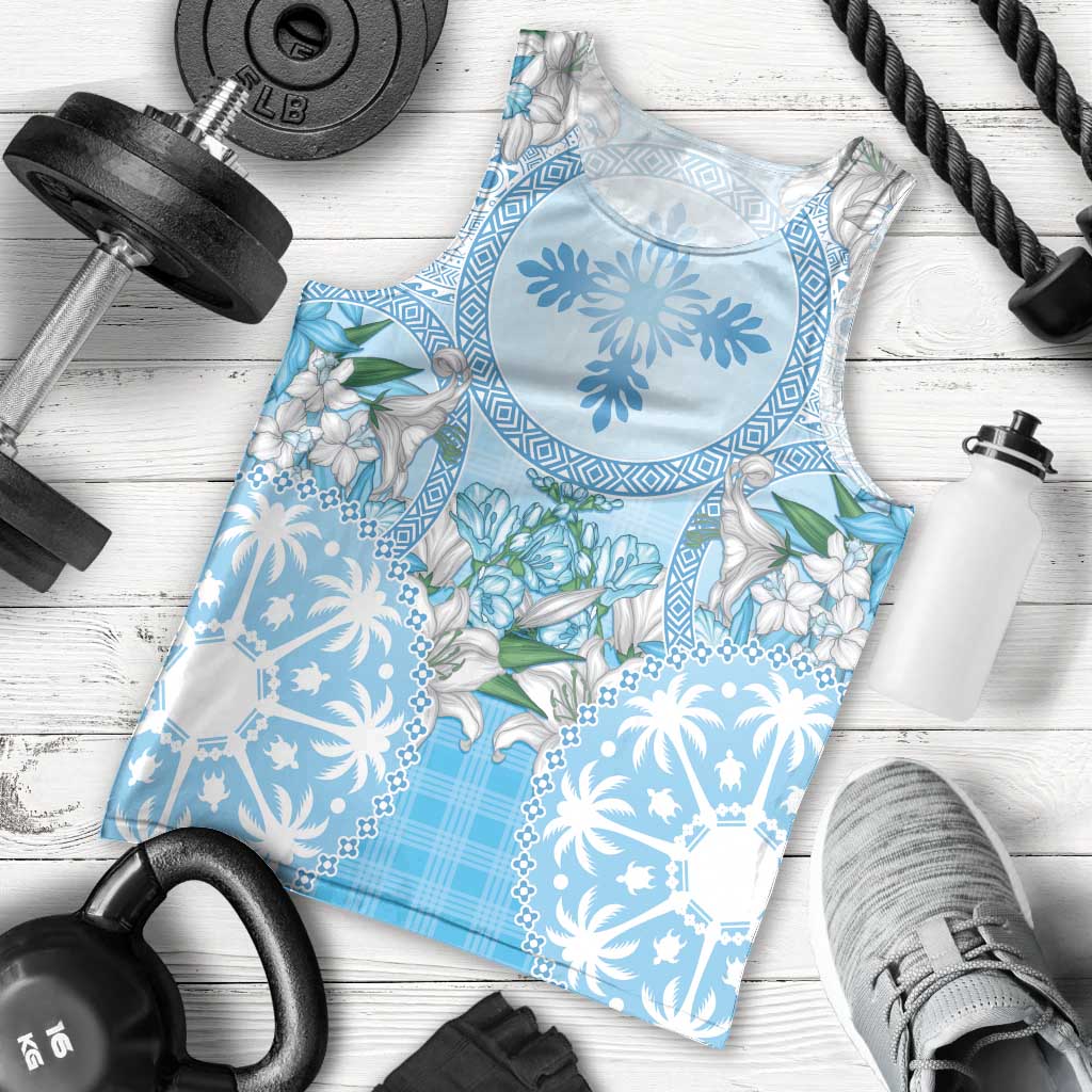 Hawaii Cyan Palaka Men Tank Top With Tapa Pattern Tropical Flowers - Polynesian Pride