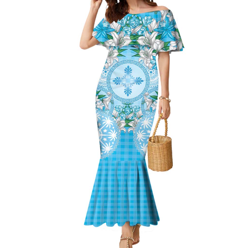 Hawaii Cyan Palaka Mermaid Dress With Tapa Pattern Tropical Flowers - Polynesian Pride