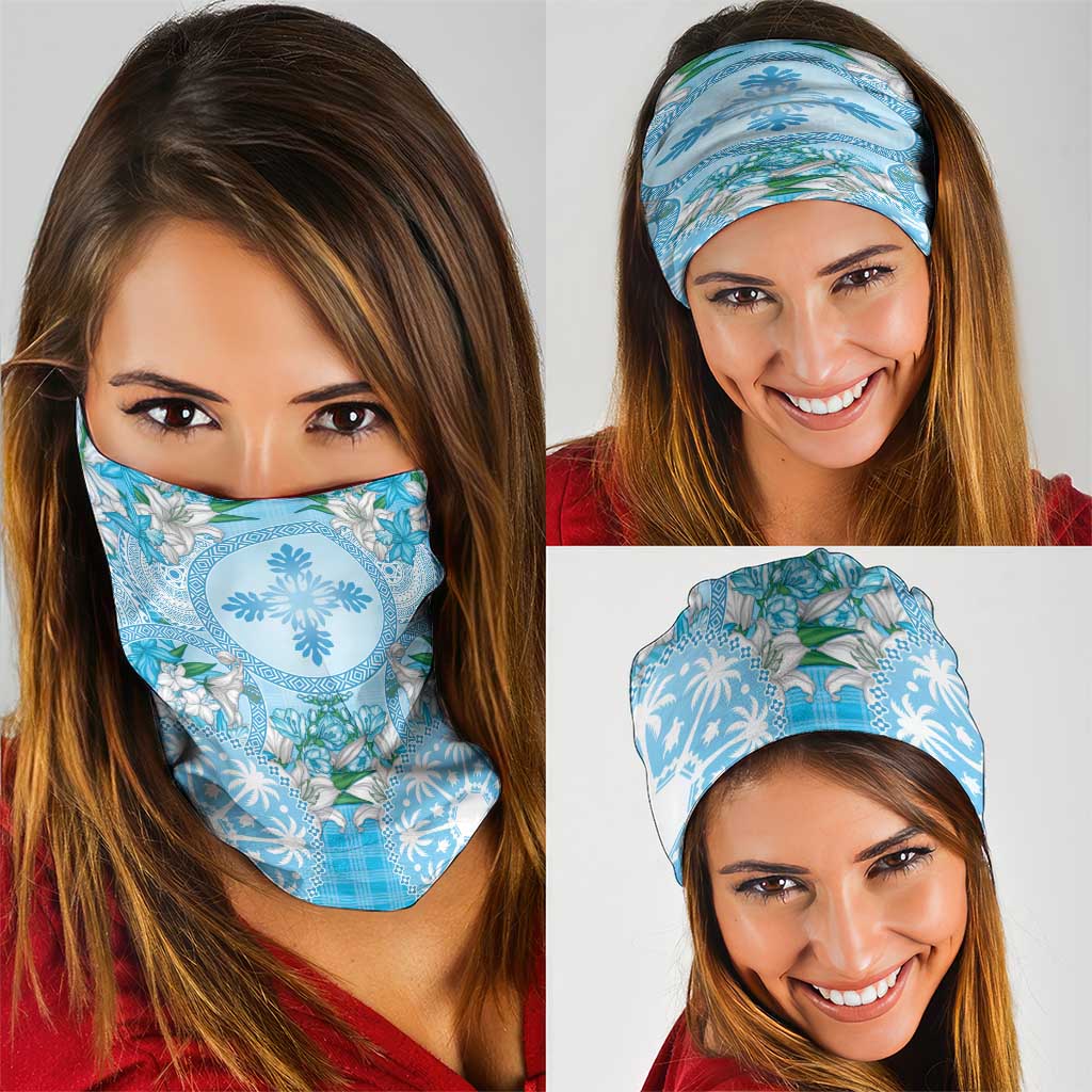 Hawaii Cyan Palaka Neck Gaiter With Tapa Pattern Tropical Flowers - Polynesian Pride