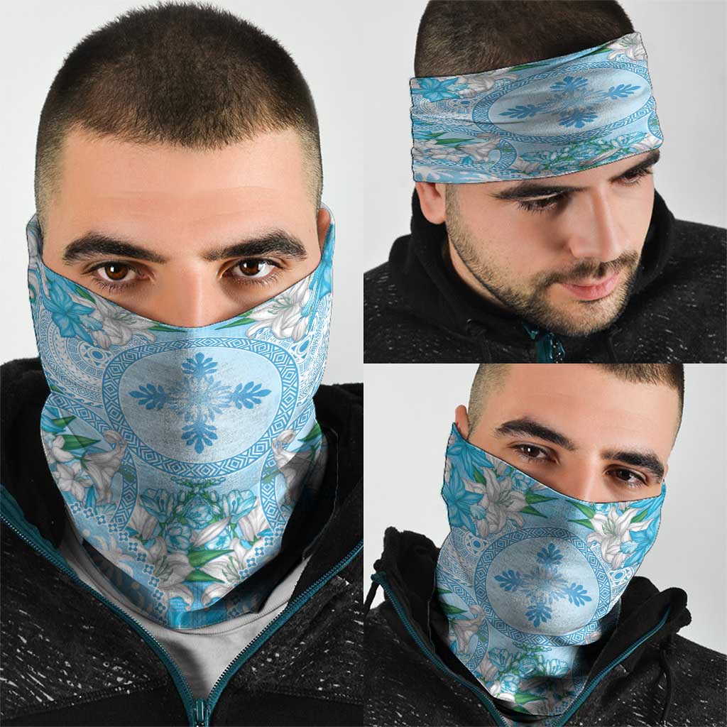 Hawaii Cyan Palaka Neck Gaiter With Tapa Pattern Tropical Flowers - Polynesian Pride