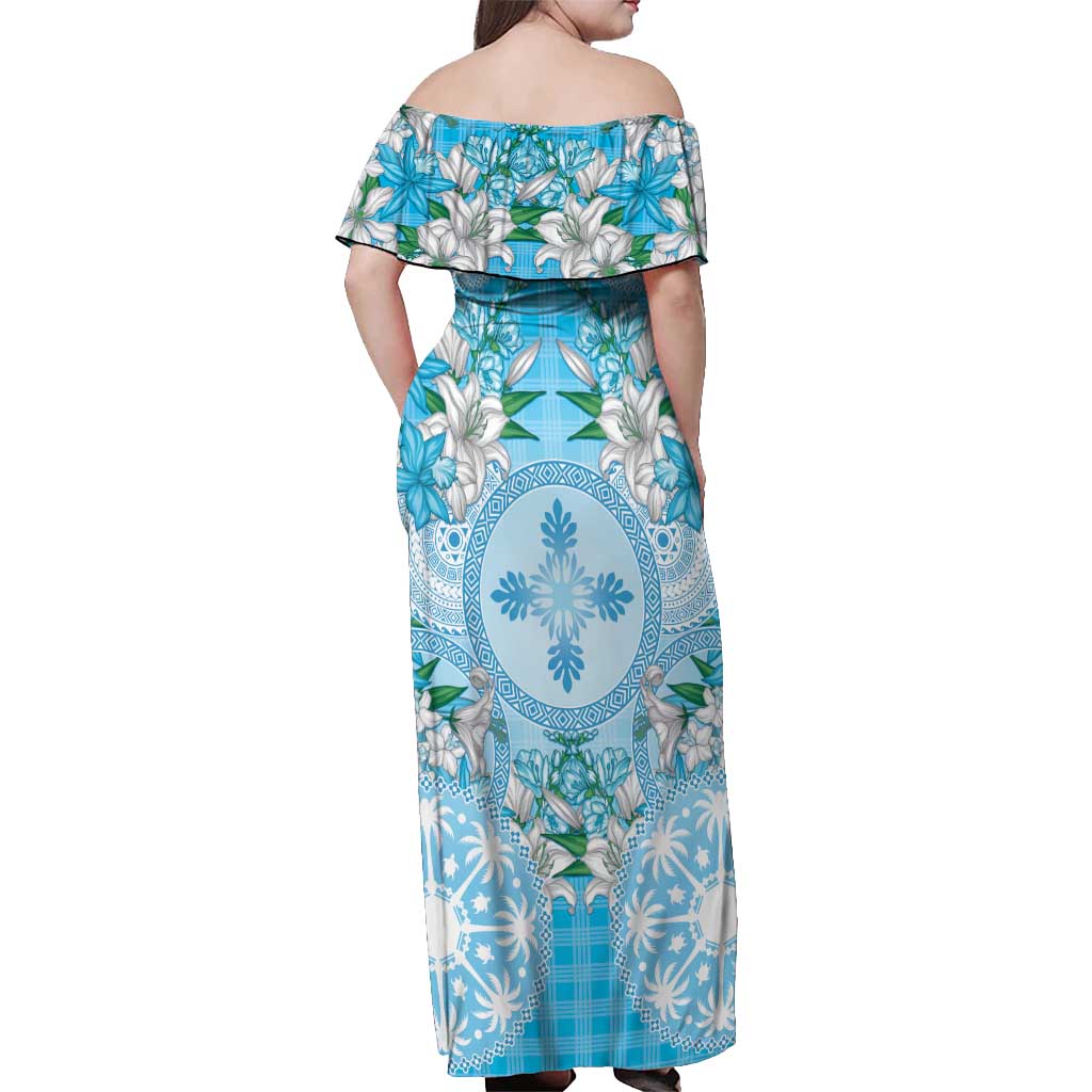 Hawaii Cyan Palaka Off Shoulder Maxi Dress With Tapa Pattern Tropical Flowers - Polynesian Pride