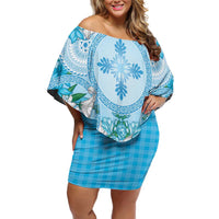 Hawaii Cyan Palaka Off Shoulder Short Dress With Tapa Pattern Tropical Flowers - Polynesian Pride