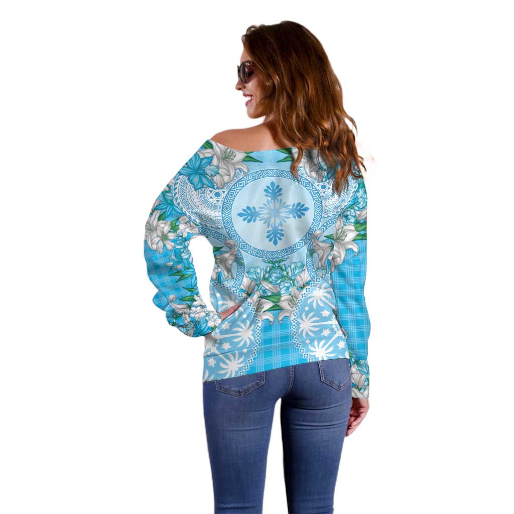 Hawaii Cyan Palaka Off Shoulder Sweater With Tapa Pattern Tropical Flowers - Polynesian Pride
