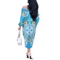 Hawaii Cyan Palaka Off The Shoulder Long Sleeve Dress With Tapa Pattern Tropical Flowers - Polynesian Pride