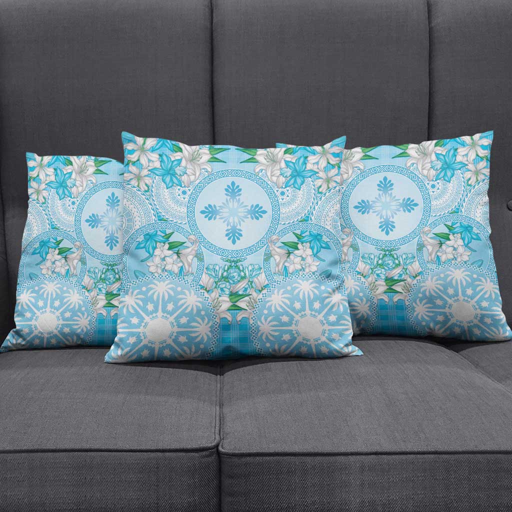 Hawaii Cyan Palaka Pillow Cover With Tapa Pattern Tropical Flowers - Polynesian Pride