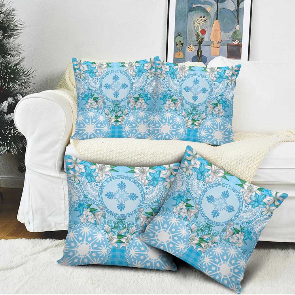 Hawaii Cyan Palaka Pillow Cover With Tapa Pattern Tropical Flowers - Polynesian Pride