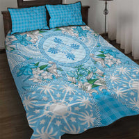 Hawaii Cyan Palaka Quilt Bed Set With Tapa Pattern Tropical Flowers - Polynesian Pride