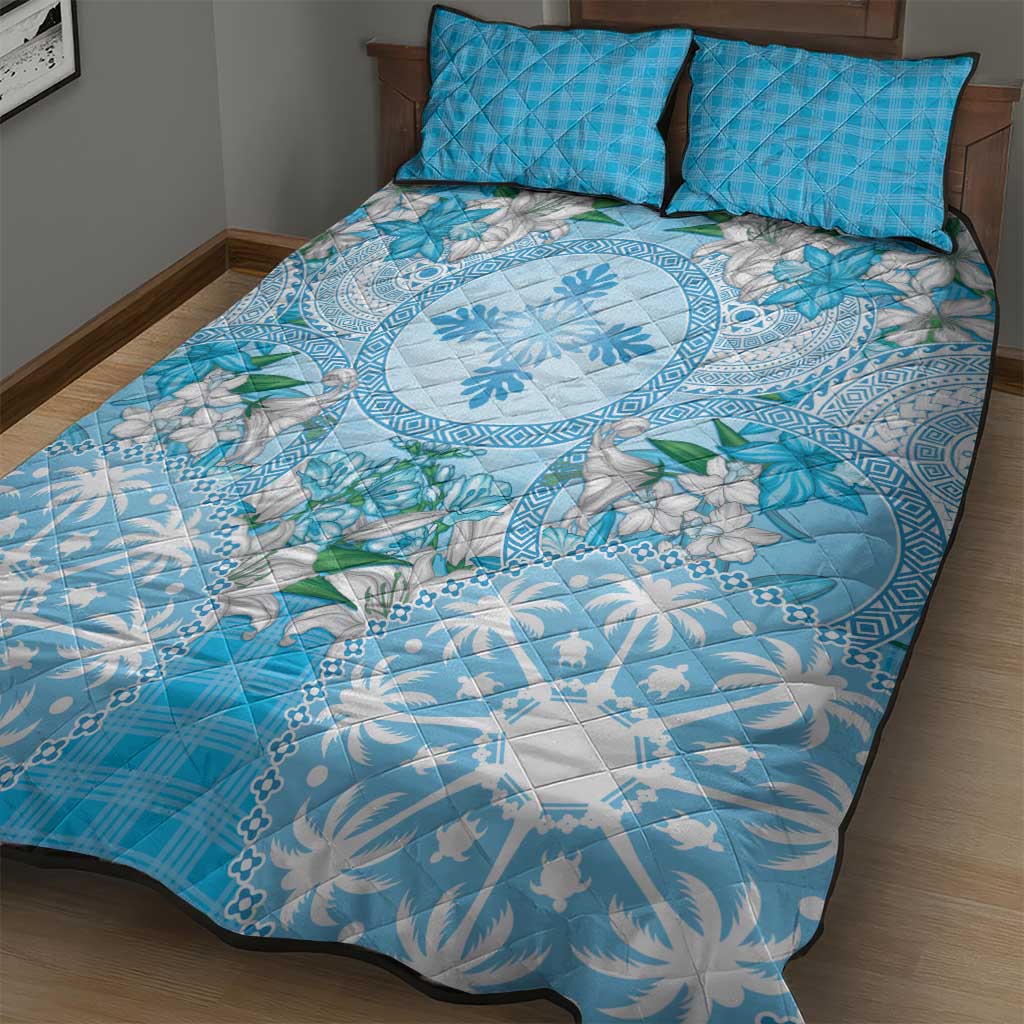 Hawaii Cyan Palaka Quilt Bed Set With Tapa Pattern Tropical Flowers - Polynesian Pride
