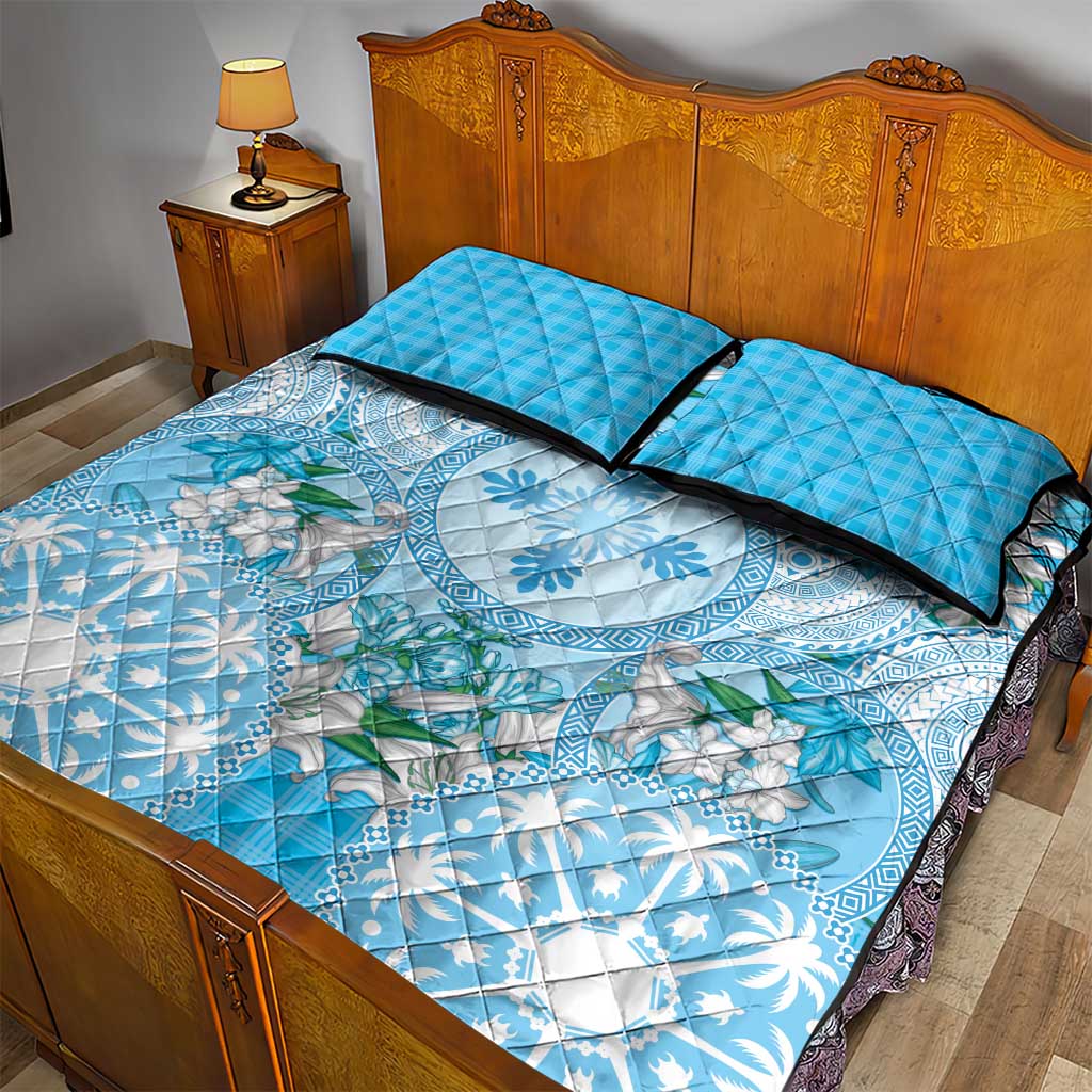 Hawaii Cyan Palaka Quilt Bed Set With Tapa Pattern Tropical Flowers - Polynesian Pride
