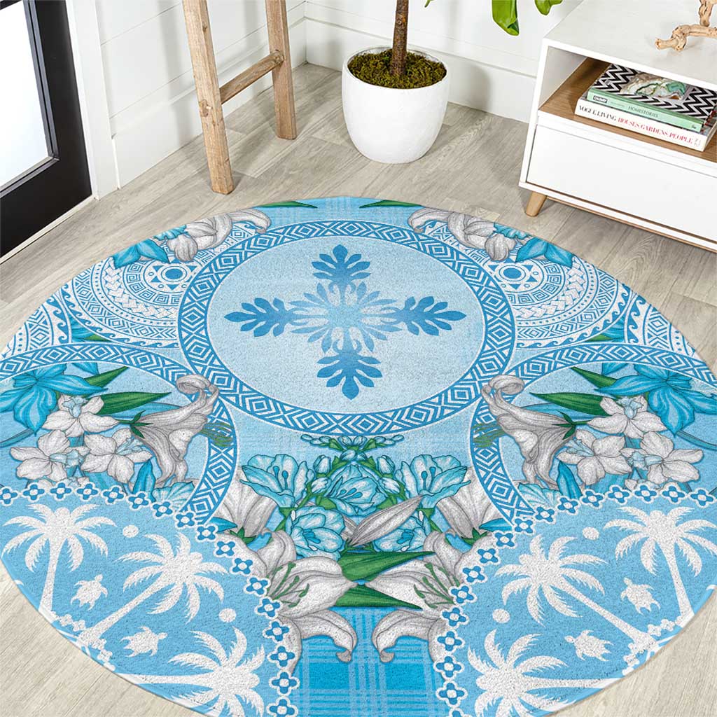 Hawaii Cyan Palaka Round Carpet With Tapa Pattern Tropical Flowers - Polynesian Pride