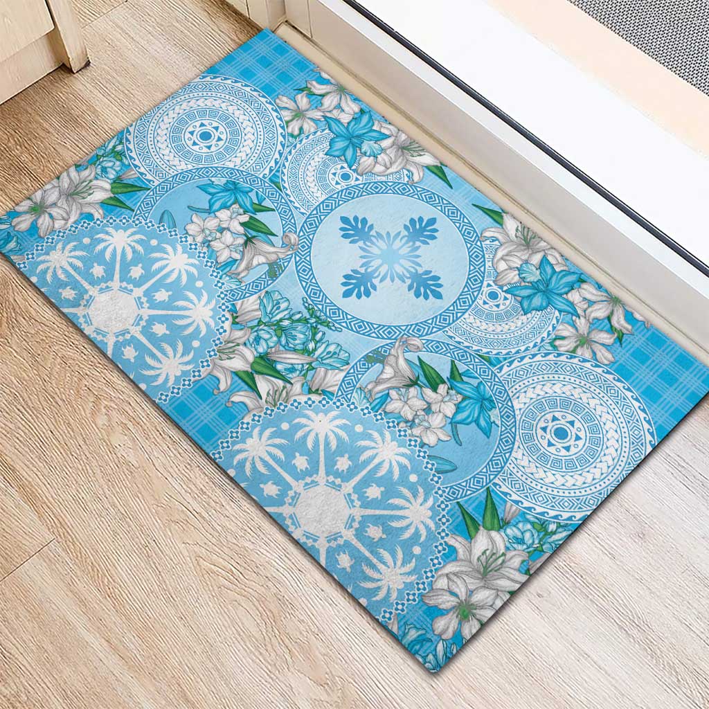 Hawaii Cyan Palaka Rubber Doormat With Tapa Pattern Tropical Flowers - Polynesian Pride