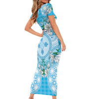 Hawaii Cyan Palaka Short Sleeve Bodycon Dress With Tapa Pattern Tropical Flowers - Polynesian Pride