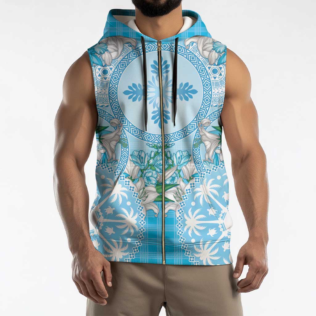 Hawaii Cyan Palaka Sleeveless Zip Hoodie With Tapa Pattern Tropical Flowers - Polynesian Pride