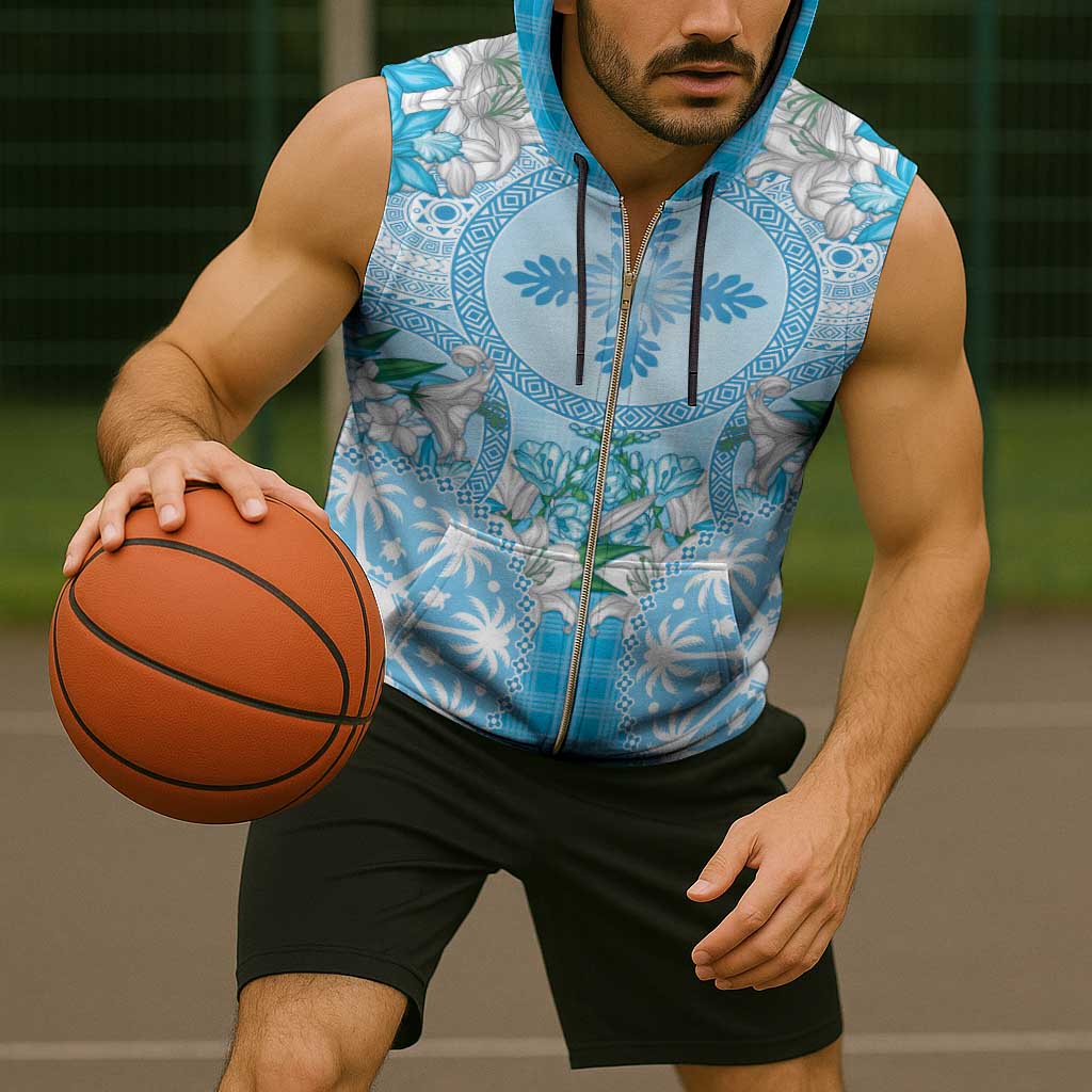 Hawaii Cyan Palaka Sleeveless Zip Hoodie With Tapa Pattern Tropical Flowers - Polynesian Pride