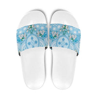 Hawaii Cyan Palaka Slide Sandals With Tapa Pattern Tropical Flowers - Polynesian Pride