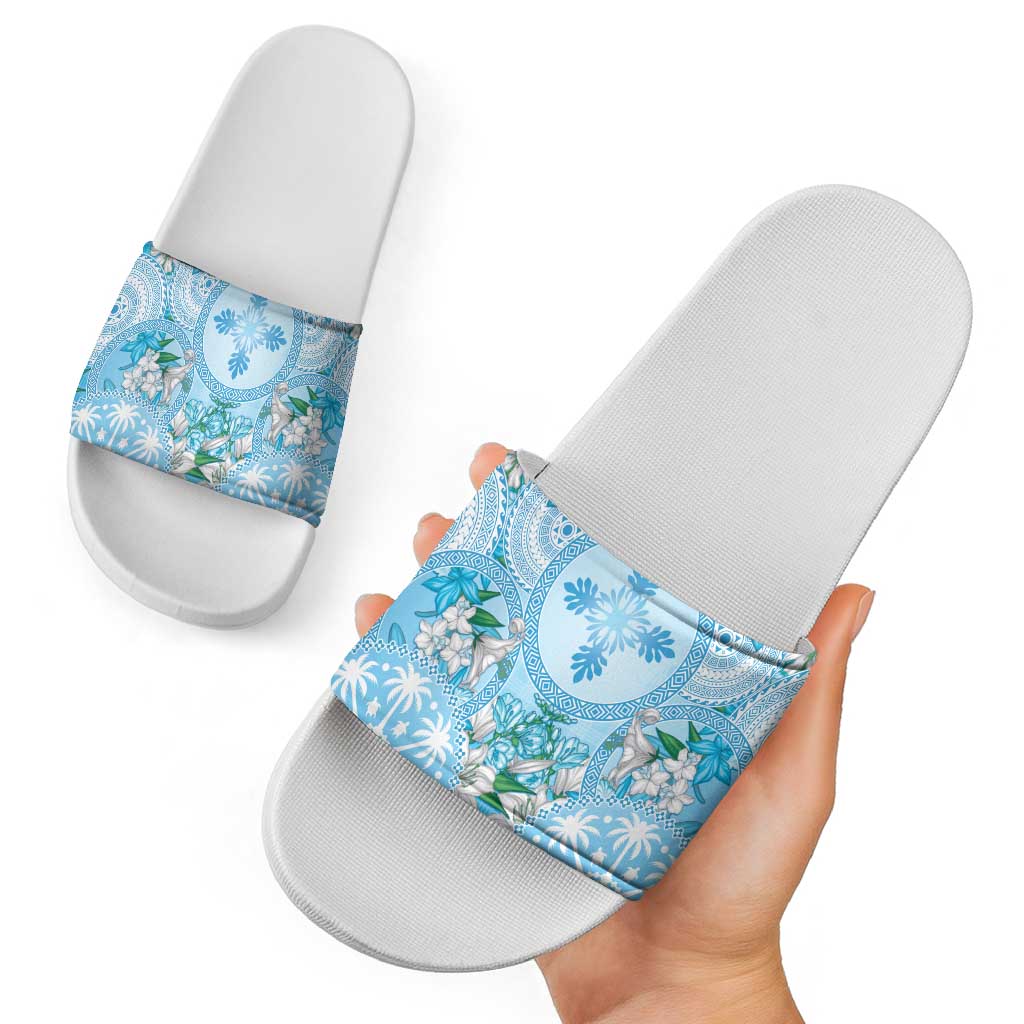 Hawaii Cyan Palaka Slide Sandals With Tapa Pattern Tropical Flowers - Polynesian Pride