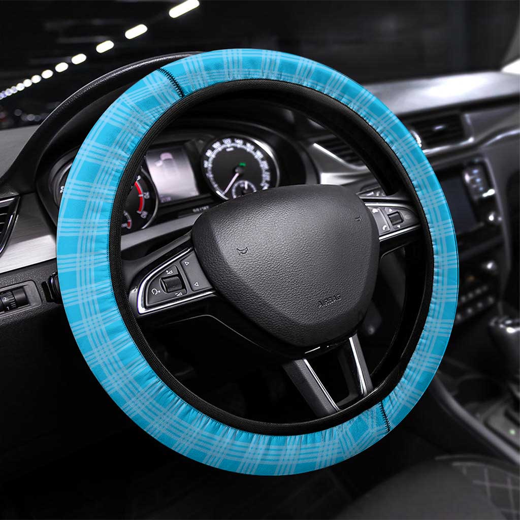 Hawaii Cyan Palaka Steering Wheel Cover With Tapa Pattern Tropical Flowers - Polynesian Pride