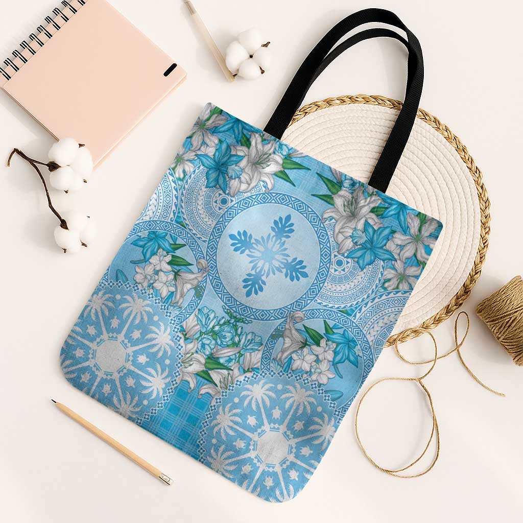 Hawaii Cyan Palaka Tote Bag With Tapa Pattern Tropical Flowers - Polynesian Pride