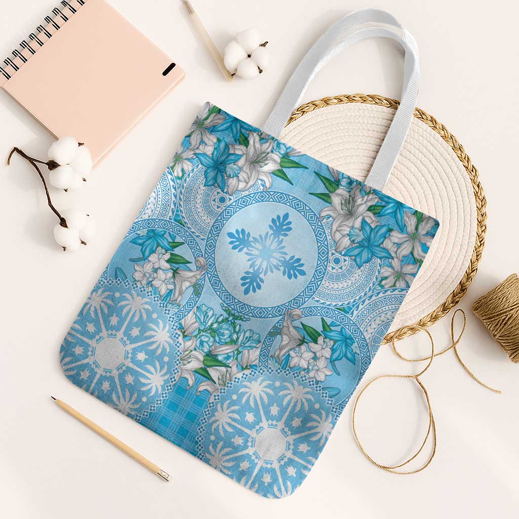 Hawaii Cyan Palaka Tote Bag With Tapa Pattern Tropical Flowers - Polynesian Pride