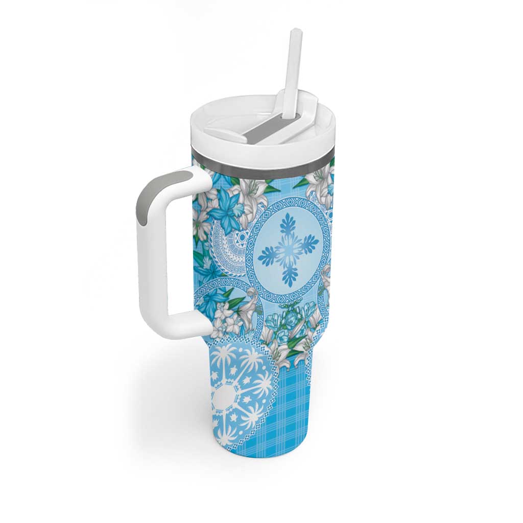 Hawaii Cyan Palaka Tumbler With Handle With Tapa Pattern Tropical Flowers - Polynesian Pride