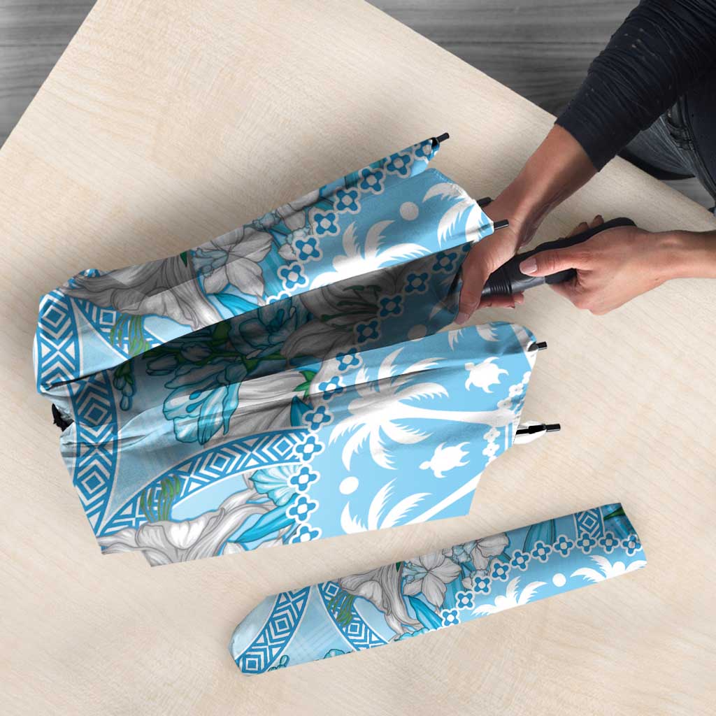 Hawaii Cyan Palaka Umbrella With Tapa Pattern Tropical Flowers - Polynesian Pride