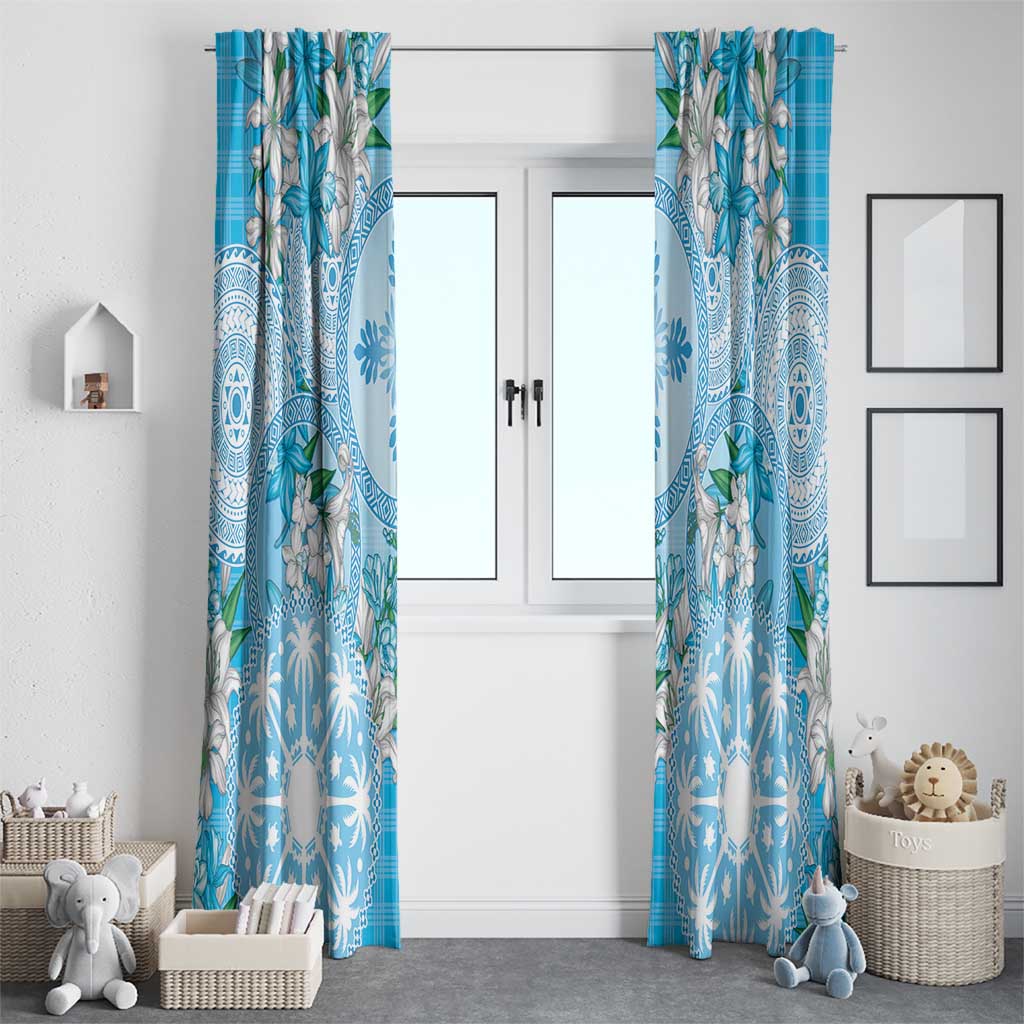 Hawaii Cyan Palaka Window Curtain With Tapa Pattern Tropical Flowers - Polynesian Pride