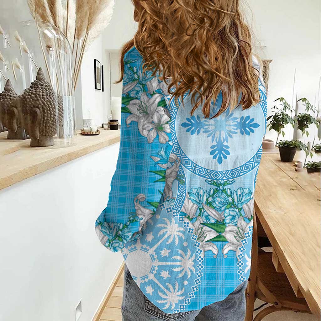 Hawaii Cyan Palaka Women Casual Shirt With Tapa Pattern Tropical Flowers - Polynesian Pride