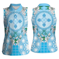Hawaii Cyan Palaka Women Sleeveless Polo Shirt With Tapa Pattern Tropical Flowers - Polynesian Pride