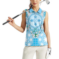 Hawaii Cyan Palaka Women Sleeveless Polo Shirt With Tapa Pattern Tropical Flowers - Polynesian Pride