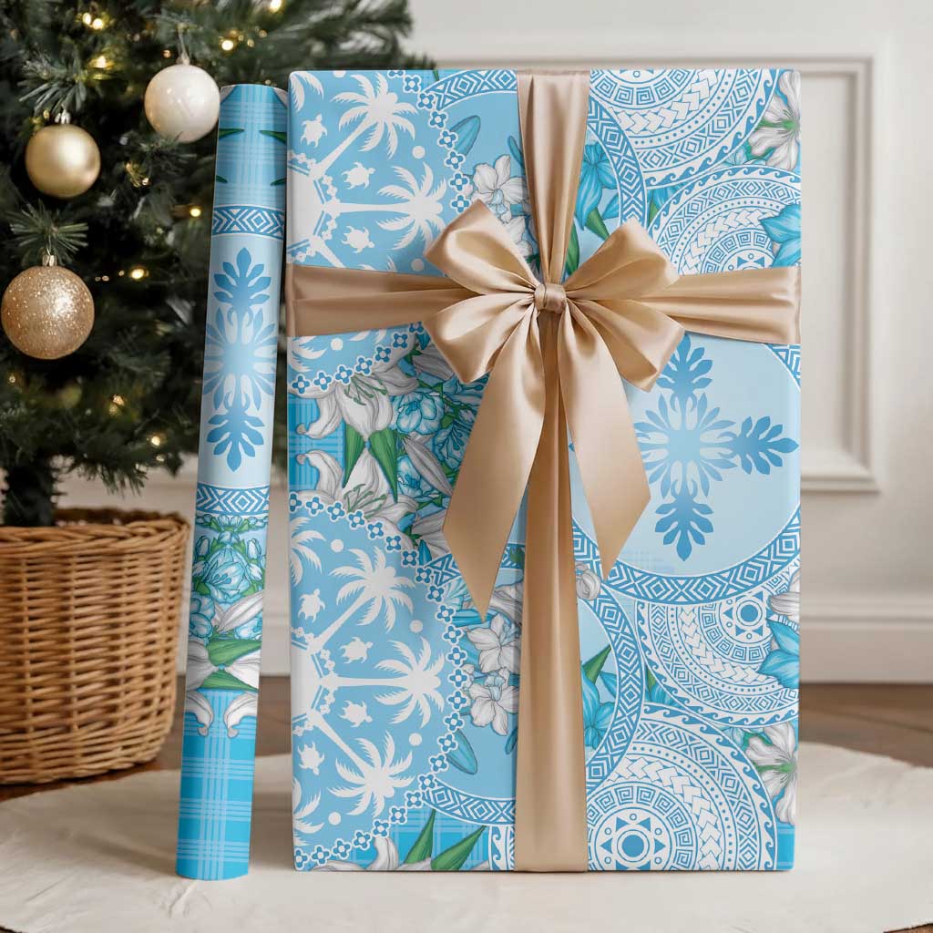 Hawaii Cyan Palaka Wrapping Paper With Tapa Pattern Tropical Flowers - Polynesian Pride