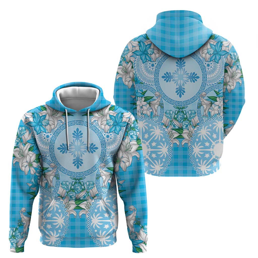 Hawaii Cyan Palaka Zip Hoodie With Tapa Pattern Tropical Flowers - Polynesian Pride