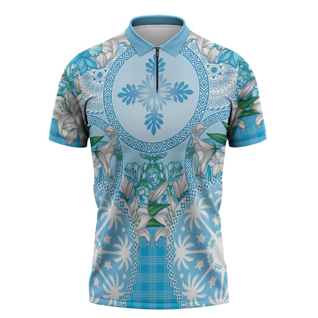 Hawaii Cyan Palaka Zipper Polo Shirt With Tapa Pattern Tropical Flowers - Polynesian Pride