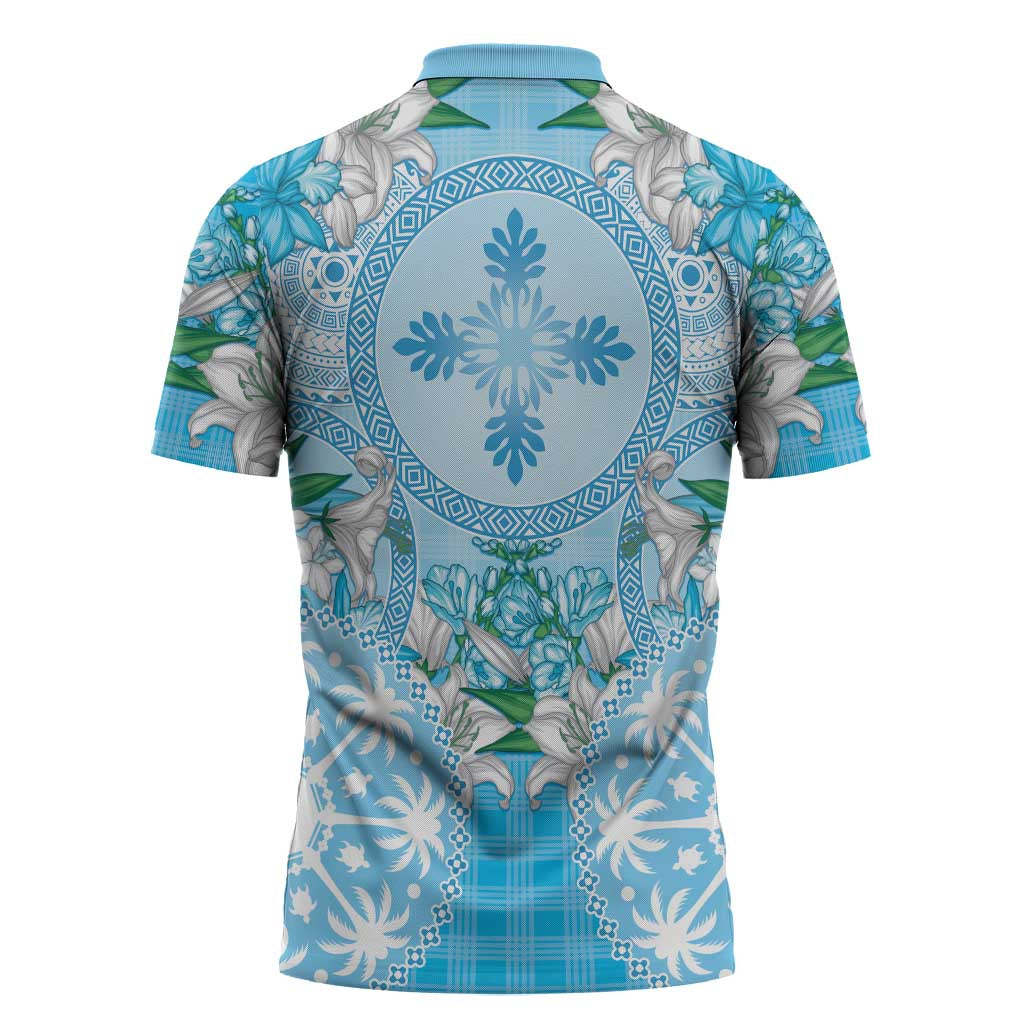 Hawaii Cyan Palaka Zipper Polo Shirt With Tapa Pattern Tropical Flowers - Polynesian Pride