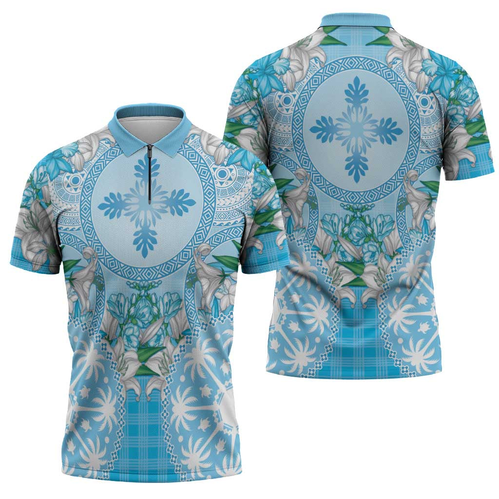 Hawaii Cyan Palaka Zipper Polo Shirt With Tapa Pattern Tropical Flowers - Polynesian Pride