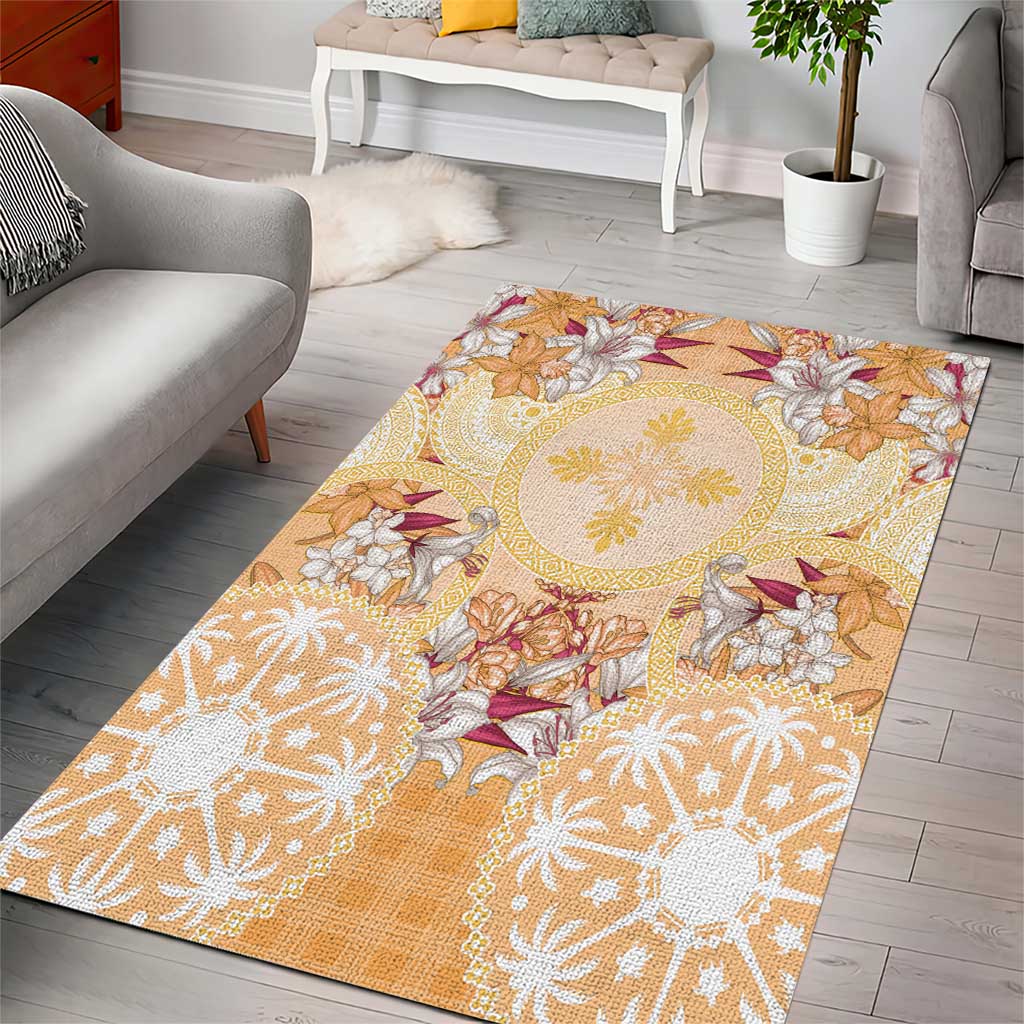 Hawaii Peach Palaka Area Rug With Tapa Pattern Tropical Flowers - Polynesian Pride