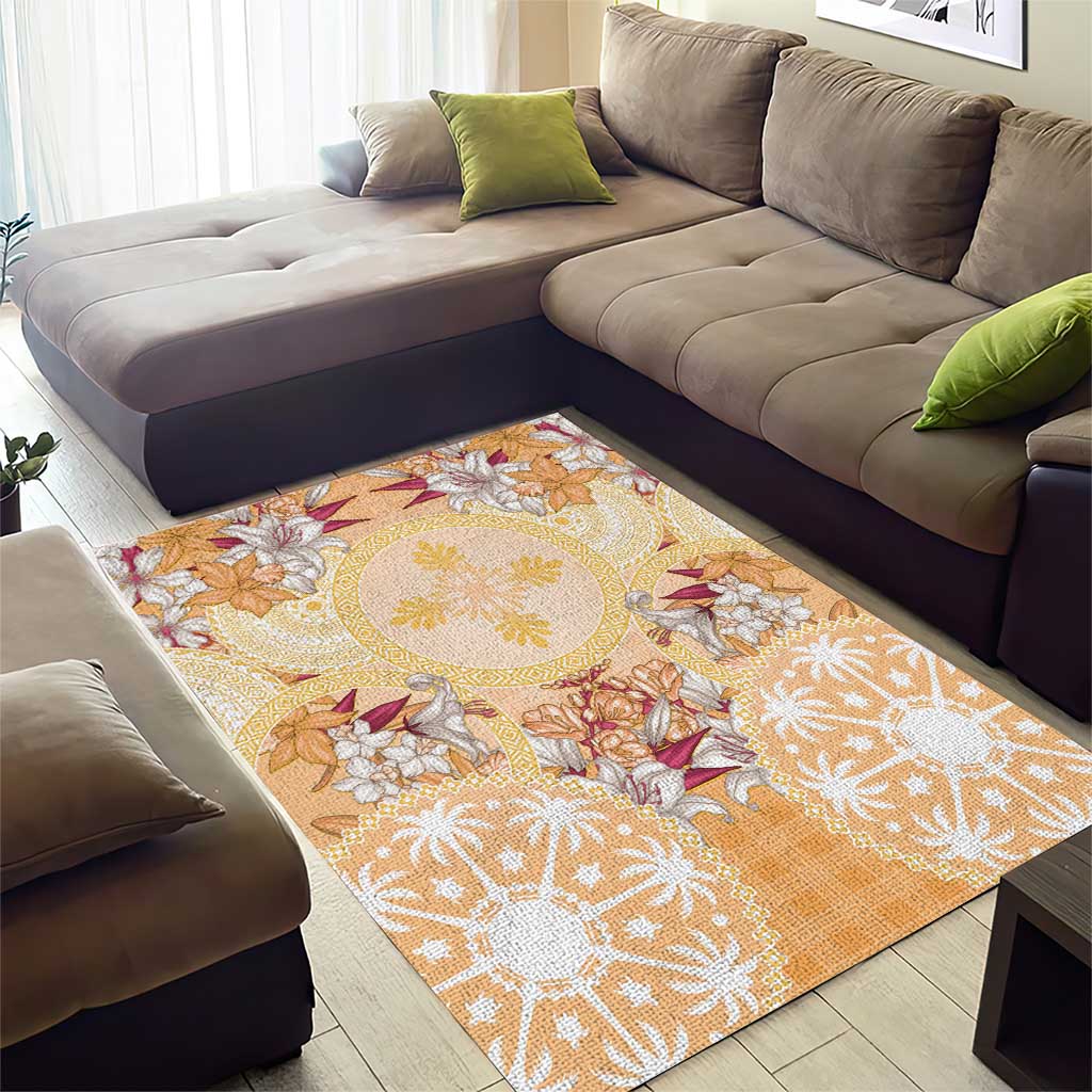 Hawaii Peach Palaka Area Rug With Tapa Pattern Tropical Flowers - Polynesian Pride