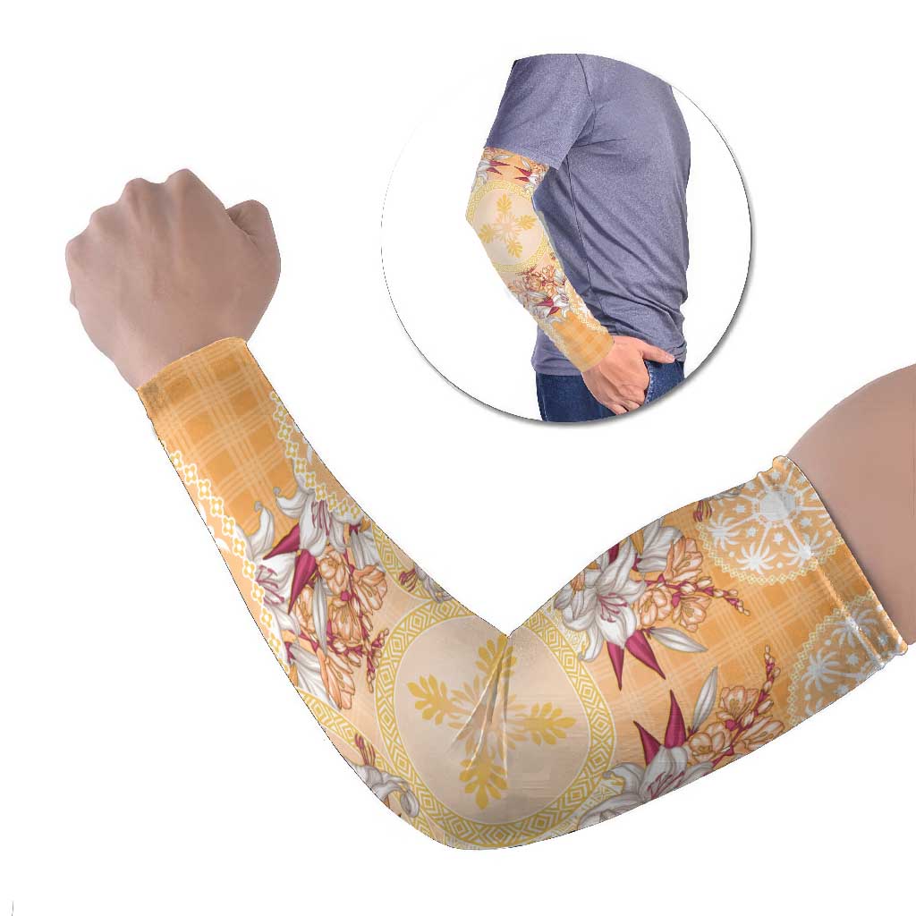 Hawaii Peach Palaka Arm Sleeves With Tapa Pattern Tropical Flowers - Polynesian Pride